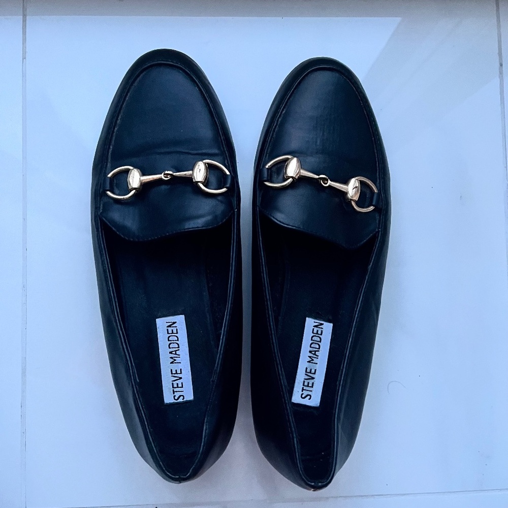 Steve Madden Black Loafers with Gold Hardware